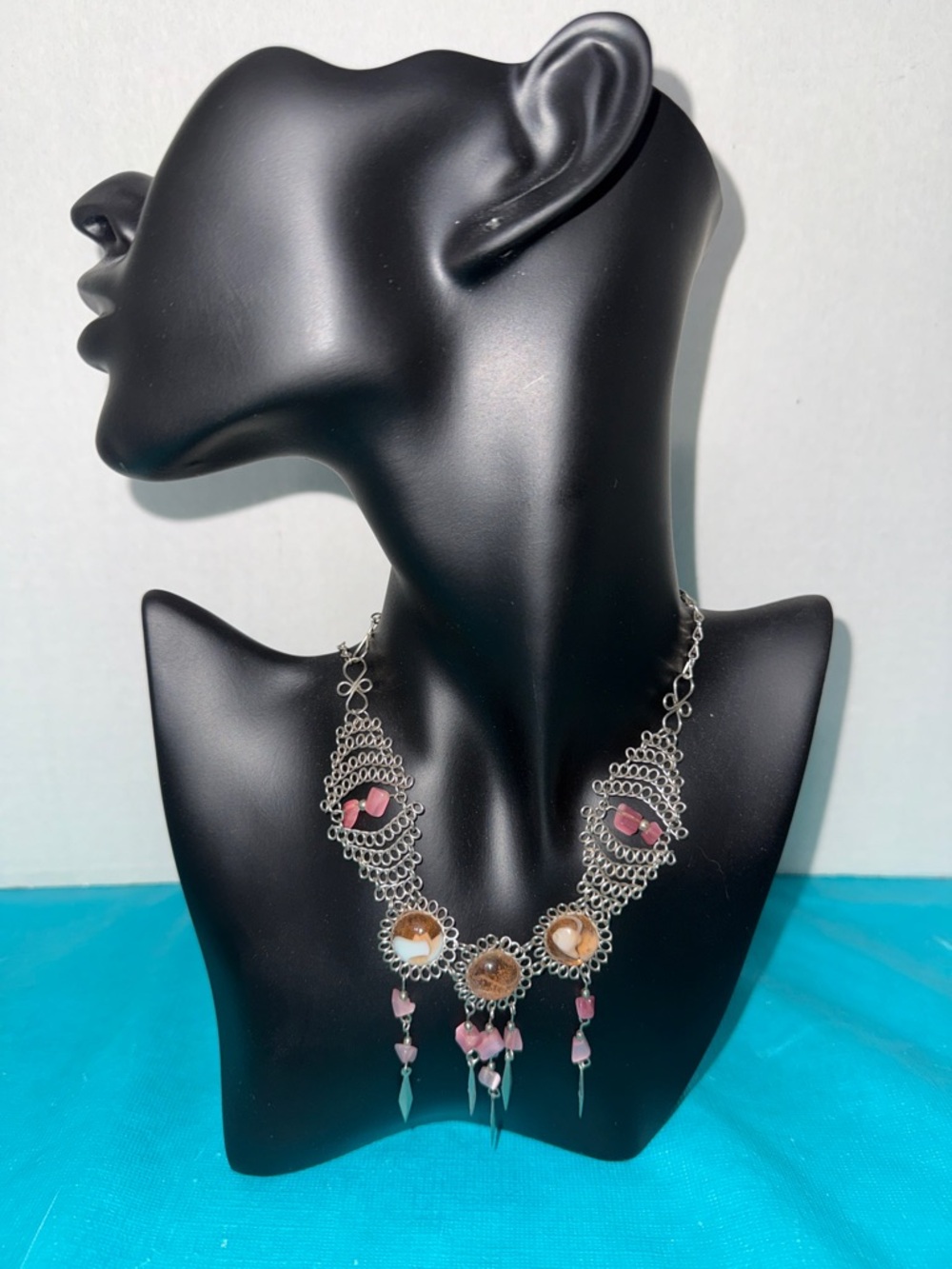 Handcrafted Silver-Tone Pink and Brown Statement Necklace